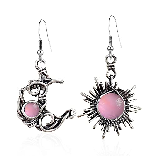 Vintage Boho Opal Sun And Moon Drop Dangle Earrings Moonstone Natural Stone Hook Bohemian For Women Girls Asymmetrical Antiqued Silver Celestial Jewelry (Pink) #TOP6