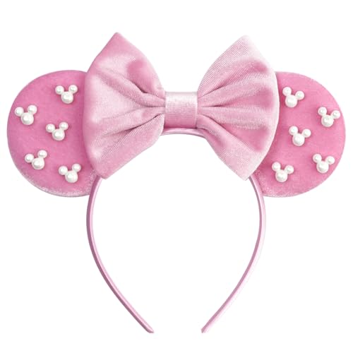 bianbaistar White Fluffy Mouse Ears Headband with Daisy & Purple Sequin Bow Stretchy Hair Hoop for Adults & Women Cute Accessory for Theme Park Party Easter Cosplay