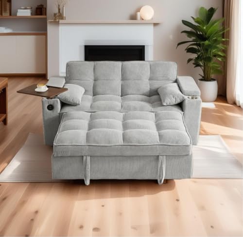 oaaktu Large Size Convertible Sleeper Sofa Bed,Polka dot Velvet Pull Out Futon Couch with Storage handrails & Rotating Side Tables,Convertible Sofa Couch for Living Room,RV (Light Gray)