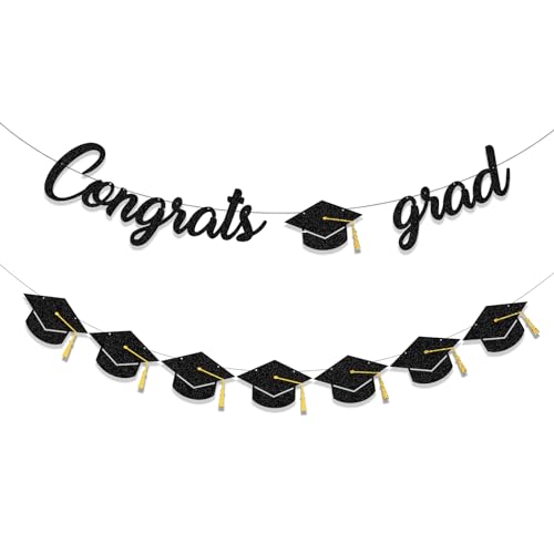 Tinbax Graduation Decorations Class of 2026 Party Supplies - Congrats Grad Banner and Graduation Cap Banner (Pre-Strung)