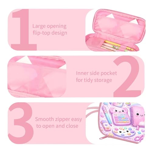 AnySmic Pink Pencil Case for Girls, Kids Kawaii Pencil Pouch, Large Capacity Stationery Organizer Bag, Durable Compartment Organizer Box for Primary and Elemantary Students Age 6+ - Image 2