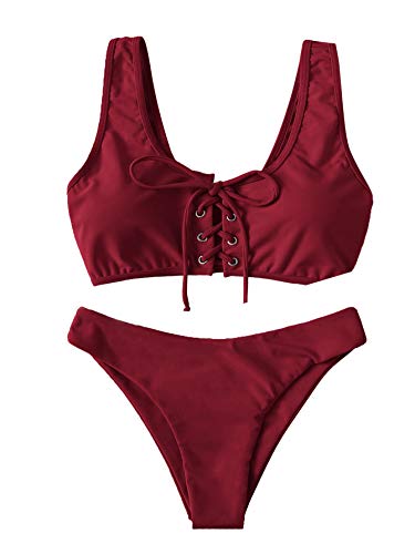 SweatyRocks Women's Two Piece Bikini Set Lace Up Solid Color Sexy Bathing Swimsuits Burgundy M