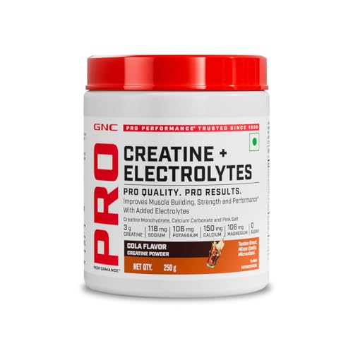 Image of GNC Creatine+ Electrolytes | 3g Creatine Monohydrate + Sodium, Potassium, Calcium, Magnesium | Boosts Muscle Growth, Hydration, Energy & Recovery | Zero Sugar | 100% Veg | 250g | Cola