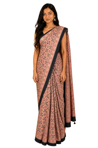 Image of Ethnics of Kutch Womenss Ajrakh Modal Silk Natural Dye Hand Block Print Saree with Blouse Piece - 5.5 Mtr Length (Pitch 09501E)