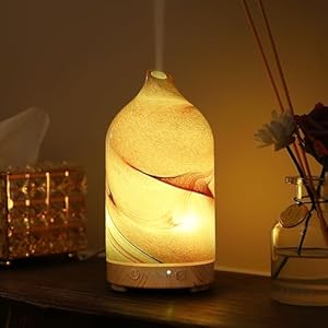 Essential Oil Diffuser Hand Blown Glass Aromatherapy Diffuser – 200ml Ultrasonic Cool Mist Scent Aroma Diffuser, Whisper Quiet with Auto Shut-Off, Timer Setting &7 Colors Night Light for Home