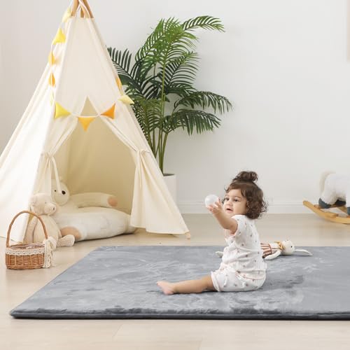 Image of 1.5 inch Thick Baby Play Mat for Floor 39x59 Soft Foam Mats, Dark Grey | Memory Mat for Baby to Play, Waterproof Easy Care with Non-Slip Tummy Time Play Mat for Nursery Playroom Classroom