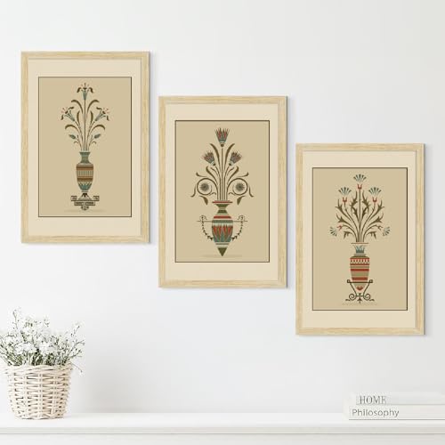 Image of ArtX Paper Vintage Paintings with Frame for Home Decor Wall Art, Wall Painting for Living Room, Multicolor, Natural Wood Color Frames, 12.0x18.0 inch, Set of 3