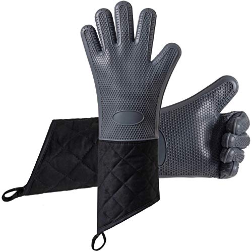 Camkuzon Oven Gloves Heat Resistant Silicone BBQ Gloves Extra Long Waterproof Non-Slip Oven Mitts for Grilling Cooking Baking - Soft Cotton Liner 1 Pair