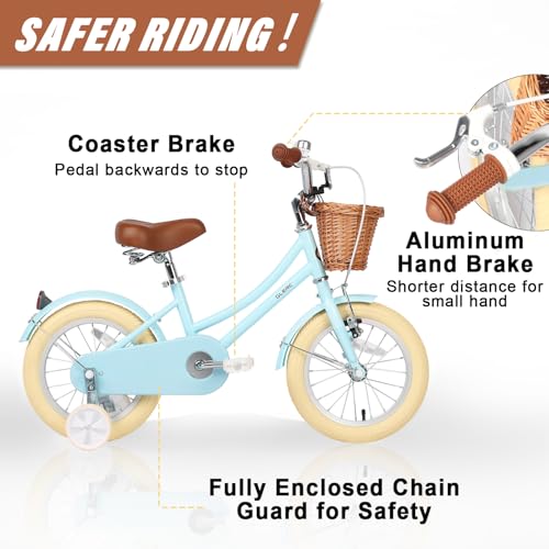 Image of Glerc Little Molly 12-20 Inch Kids Retro Cruiser Bike for 2-13 Year Old with Wicker Basket & Training Wheels /Kickstand, Multiple Colors