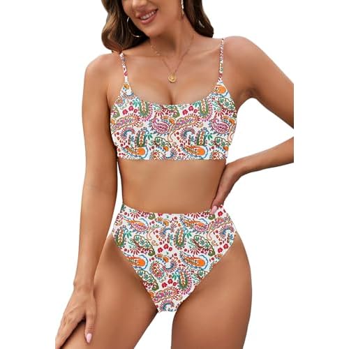 Pink Queen Plus Size High Waisted Bikini Set for Women Two Piece Cheeky High Cut Swimsuit Bathing Suit White M Small 02 - Floral White
