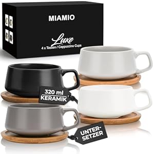 MIAMIO Luxe Kaffeetassen Set, 4 Farben mit Untersetzer
