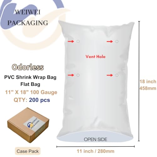 Image of Weiwei - 200PCS 11 X 18 inch Odorless PVC Heat Shrink Wrap Bags 100 Gauge with Vent Hole