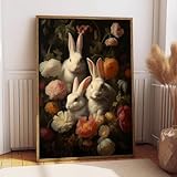 Leinwandbild im Vintage-Stil, Motiv: Hase mit Blumen, 