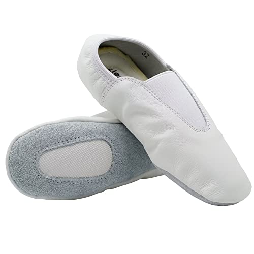 Chausson gym demi-semelle en cuir blanc anti-dérapant et souple