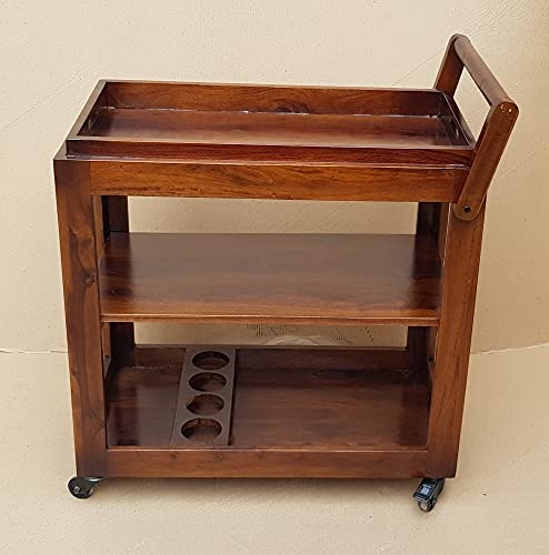 Vm Decor 3-Tier Solid Wood Rolling Bar Cart, Wine Serving Trolley with Wheels and Seasoning Rack (Brown Polish, Style 15)