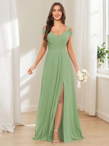 Off Shoulder Chiffon Bridesmaid Dresses for Women 2025 with Slit Long Ruched Wedding Guest Formal Prom Dress3