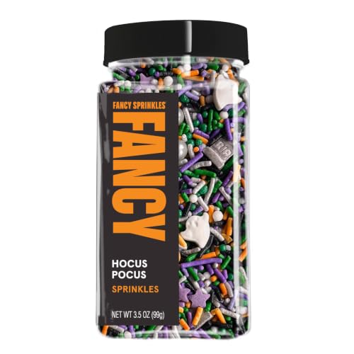 Image of Fancy Sprinkles Hocus Pocus Halloween Sprinkles 1 Pack (0.5c) | Ghost & RIP Tombstone Shaped Candy | Green, Purple, Orange & Black Jimmies | Halloween Cake, Cupcake & Cookie Decorating