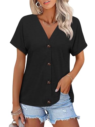 ORANDESIGNE Women's Short Sleeve V Neck Tops Casual Button Down Summer T Shirts Basic Ladies Tees Black