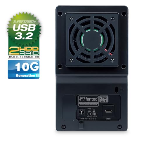 FANTEC QB-X2U31R Obudowa dysku twardego USB RAID (do dwóch dysków twardych 3,5 cala i 2,5 cala SATA I/II/III i SSD. Z USB 3.1 Typ-C do złącza typu C generacji II 10G, czarna