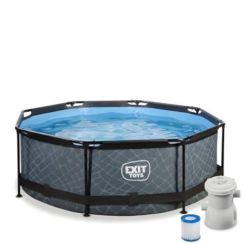EXIT Toys Aufstellpool Rund 244x76 cm mit Filterpumpe Gartenpool für Kinder Geeignet Stahlrahmen TÜV CE EN 16582 Stone Grau