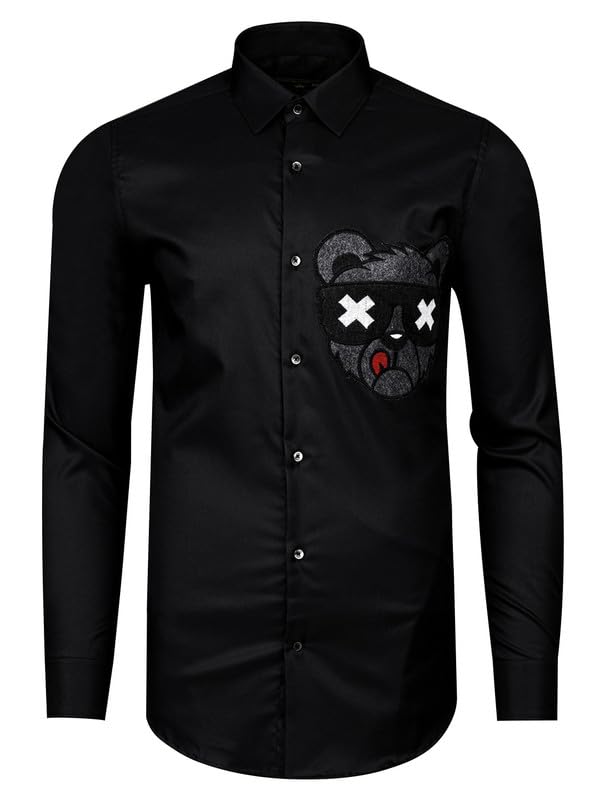 Image of FRENCH CROWN Men's Black Pure Cotton Regular Fit Casual Embroidered Shirt