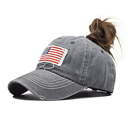 Image of IZUS Ponytail-Baseball-Hats for Womens Distressed-American-Flag-Embroidered-Caps Washed-Cotton Trucker Dad-Hat for Adult