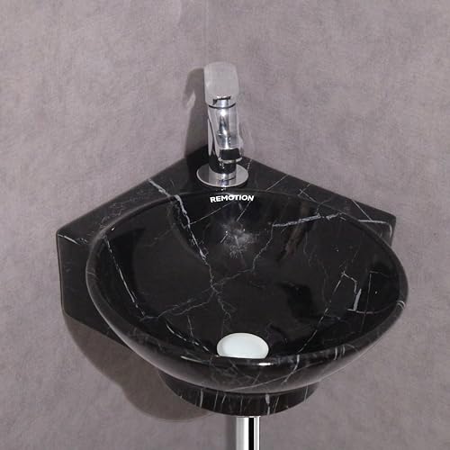 Image of REMOTION Wall Mounted Wash Basin for Bathroom | Wall Hung Corner Sink | Ceramic Round Wall Hung Wash Basin | Wall Hung Small Corner Basin (16.3 x 13.8 x 4.3 Inch) (Glossy Black White Stripe)