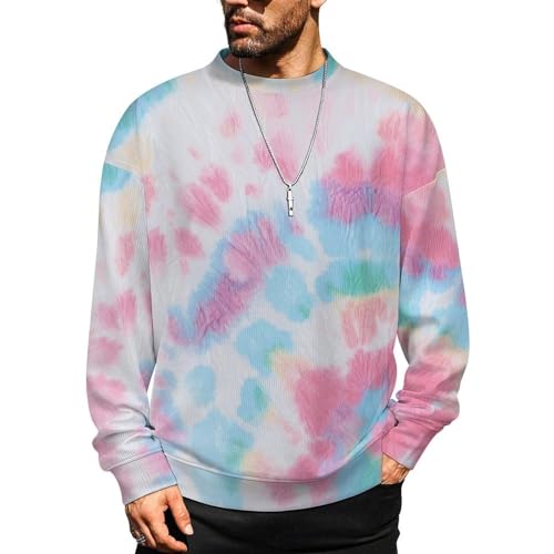 MoBlinko Mens Crewneck Sweater Pink Blue Tie Dye Mens Sweater Sweaters for Men S Long Sleeve Lightweight Pullover