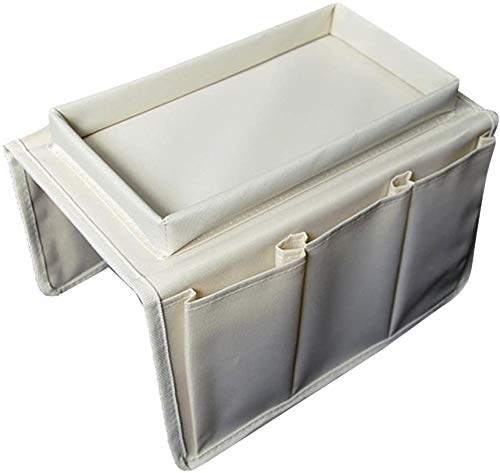 Sofa Armrest Organizer with Tray, Sofa Armrest Pocket Organizer Couch Chair Table Cabinet Storage Space Saver Bag Armchair Remote Control Holder Fits for Phone Pen Glasses Organize Gadget (Beige)