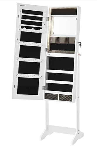 SONGMICS Armario Joyero con Espejo, Organizador de Pie, sin Marco de Cuerpo Entero, Luces LED, Maquillaje Incorporado, 2 Cajones, Cerradura, Blanco Nube JJC023W01 - imagen 4