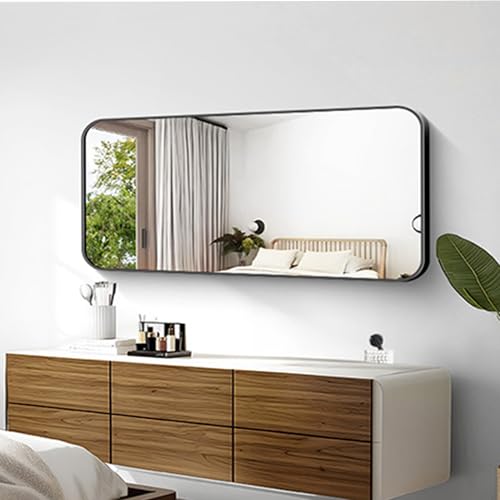 Image of KOCUUY Black Bathroom Vanity Mirror, 24 x 48 inch Metal Frame Mirror with Rounded Corner, Rectangle Design of Upgraded Shatterproof Glass for Bathroom, Bedroom, Living Room, Entryway