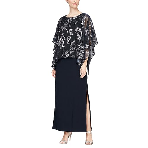 Image of S.L. Fashions Women's Long Sequin Lace Beaded Capelet Overlay Mother of The Bride Dress, Formal Evening Gown