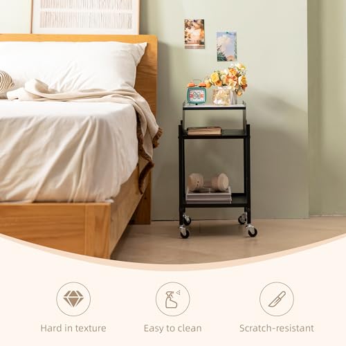 Image of Bedside Table with Wheels Rolling Nightstand 3-Tier (Black) | Modern Marble Top Easy Assembly Heavy Duty Metal Save space Bedroom Office Living Room