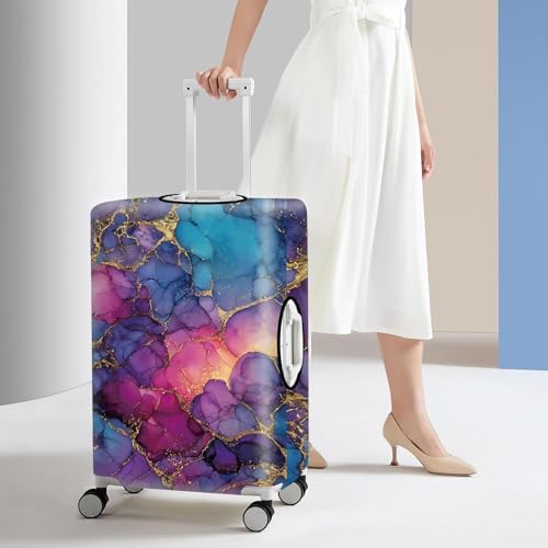 Image of Elegant Marble Pattern Luggage Cover - Abstract Purple Blue Pink Design with Gold Veins - Stretch Suitcase Protector Fits 29 inch-32 inch Luggage,XL