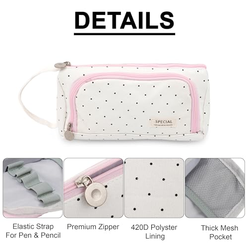 Image of Zollyss Polyester Big Capacity Pencil Case High Large Storage Pouch Marker Pen Case Simple Stationery Bag School College Office Organizer for Teens Girls & Boys (White with Black dots)