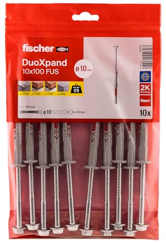 fischer DuoXpand 10 x 100 FUS, hochwertiger Universaldübel mit Sechskantschraube & angeformter U-Scheibe (10 Stk.), Dübel für starken Halt, ideal für poröse Baustoffe & randnahe Verankerungen