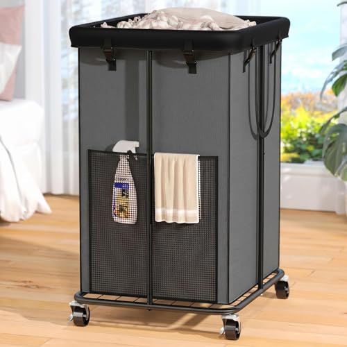 Image of 150L Laundry Hamper with Wheels, Rolling Laundry Basket with Metal Frame and Removable Bag, Large & Tall Dirty Clothes Hampers for Bedroom Aesthetic, Laundry Room, Bathroom, Dorm-Grey