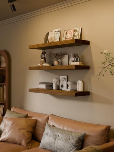 Image of 36-Inch Floating Shelves, Set of 3 Wall Mounted Storage Ledges, 12-Inch Deep Extra-Thick Solid Paulownia Wood Shelving for Kitchen, Living Room, Bedroom & Bathroom, Walnut Finish