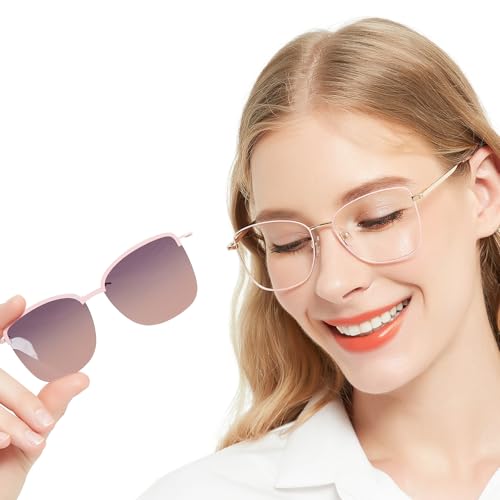 Image of Women's Large Blue Light Blocking Glasses plus Magnetic Sunglasses Clip, Easy to Switch to Shades for Driving