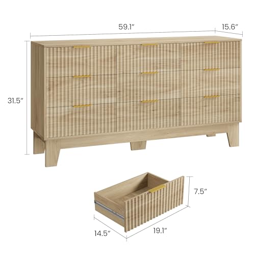 Image of Garvee 9 Drawer Dresser for Bedroom, 59 inch Wide Fluted Chest of Drawers with Metal Handle, Modern Wooden Dresser TV Stand, Clothes Storage Organizer Wood Closet for Hallway, Entryway, Natural Oak
