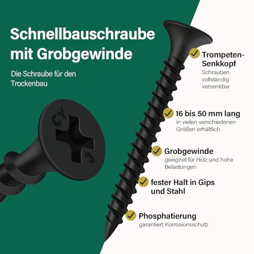 FOMGIIN Spanplattenschrauben Schnellbauschrauben M3.5 x 16mm, 50 Stück Schwarz Grobgewinde Schnellbauschraube Holz Trockenbauschrauben, Trockenbau Rigips Schrauben Gipskartonschraube Gipskarton