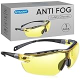 TICONN Anti-Fog Safety Glasses for Men and Women, ANSI Z87.1 Scratch Proof Eye Goggles with Adjustable Arms and UV Protection (Yellow, 1PK)