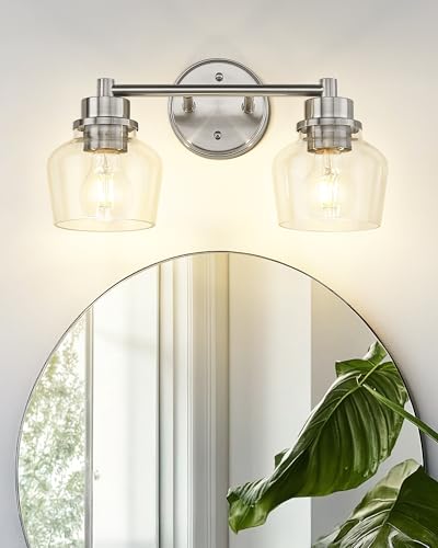 Image of Emak 2-Light Vanity Lights, Brushed Nickel Bathroom Lights Over Mirror with Clear Glass Shade, Modern Bathroom Wall Sconces, VL122-BN-CG-2