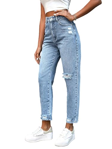 Women's Jeans Slim Fit High Waisted Distressed Ripped Jeans Frayed Raw Hem Denim Pants with Pockets4