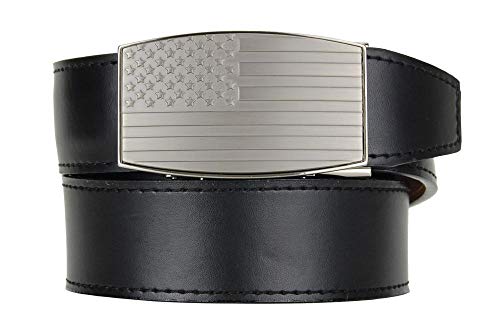 USA Embossed Pewter Aston Black Leather Belt for Men with Adjustable Ratchet Buckle - Nexbelt Ratchet System Technology