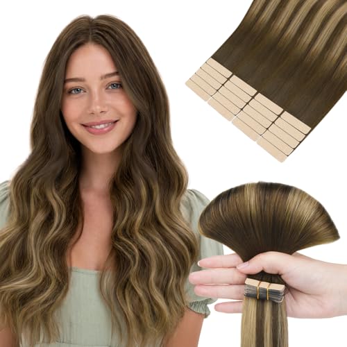 HOTBANANA Tape in Hair Extensions, 14 Inch 20pcs 50g Balayage Chocolate Brown Mixed Caramel Blonde Tape in Real Remy Human Hair Extensions Straight