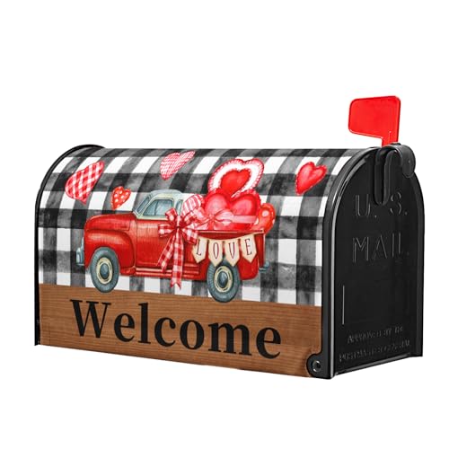 Image of Valentine's Day Mailbox Covers Magnetic Black and White Buffalo Plaid Heart Mailbox Cover Standard Size 25.5 x 21 Holiday Welcome Mailbox Wrap Post Letter Box Cover Decorative for Home Outdoor Garden