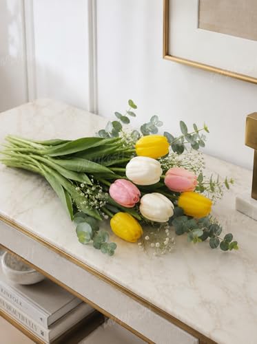 Image of Divyakosh Artificial Flowers for Vase (Vase Not Included)- Luxury Tulip Flower Bouquet with Eucalyptus & Baby's Breath, Faux Floral Arrangement for Home Decor, Living Room, Wedding Decoration, Office