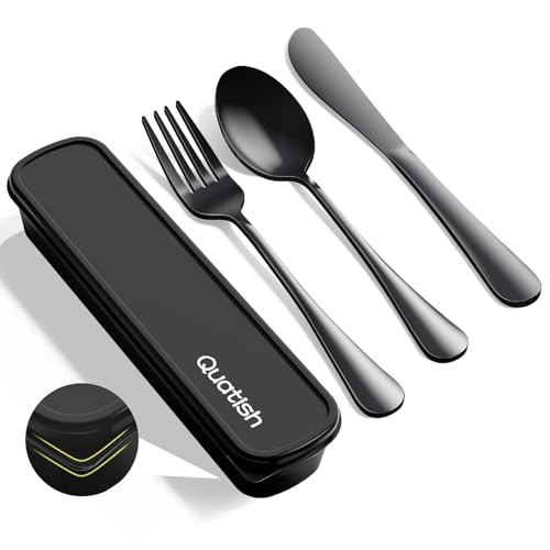 Travel Utensils with Case Quatish 4 Piece Stainless Steel Silverware Set for Work Portable Reusable Travel Cutlery Set Fork and Spoon Set for Picnic Camping Gadgets Lunch Box for Men Black