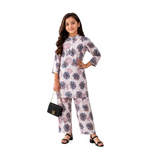 BAVLI Avantika Girls Floral Printed Kurta Palazzo Co-Ord Set | Rayon Fabric | Digital Print Outfit for Casual, Party and Festive (Pink Floral, 4-Year)